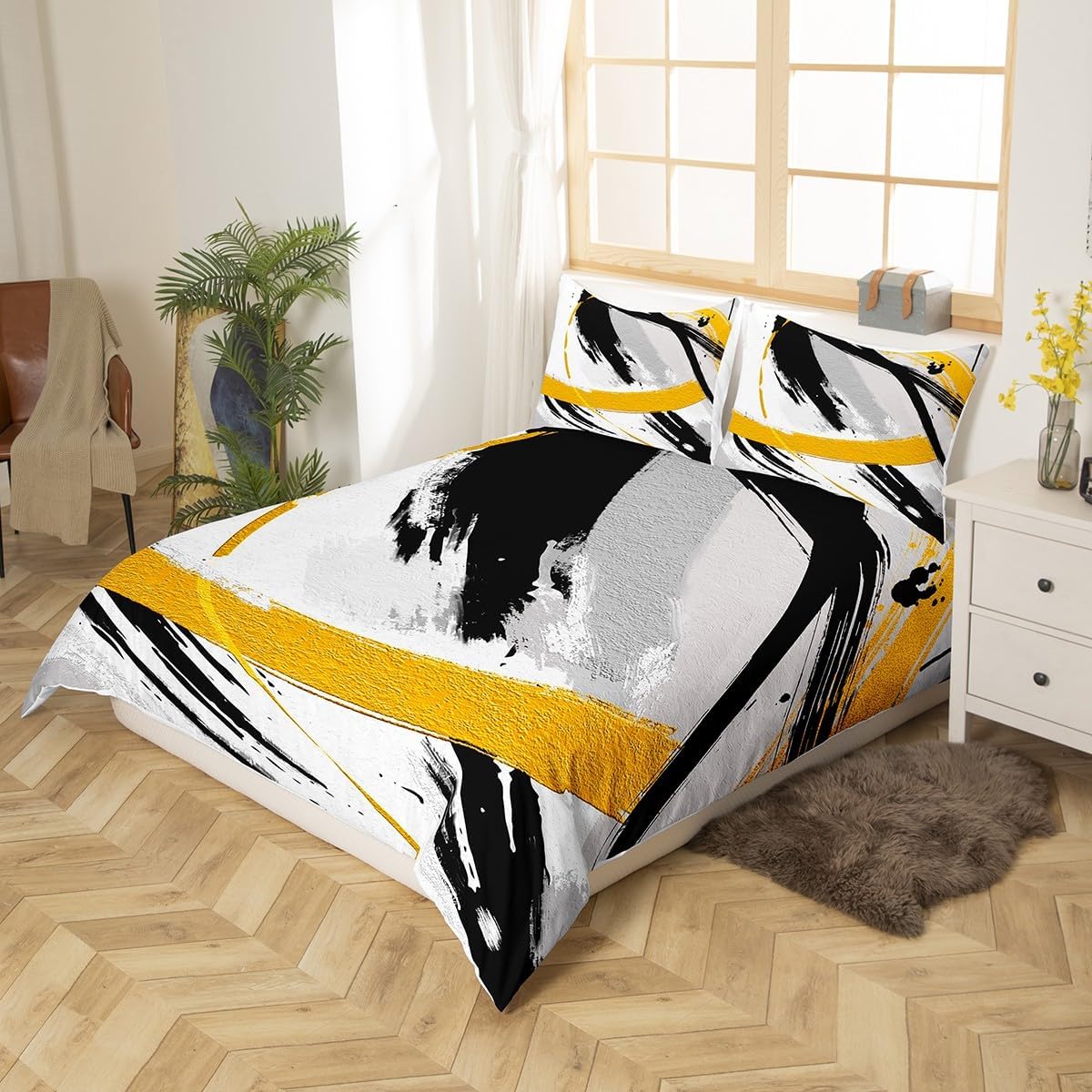 Erosebridal Black Grey Yellow Duvet Cover Queen Size Brush Strokes Oil Painting Bedding Set, Gradient Abstract Vintage Comforter Cover Ombre Graffiti Bed Set, Contemporary Modern Bedroom Set