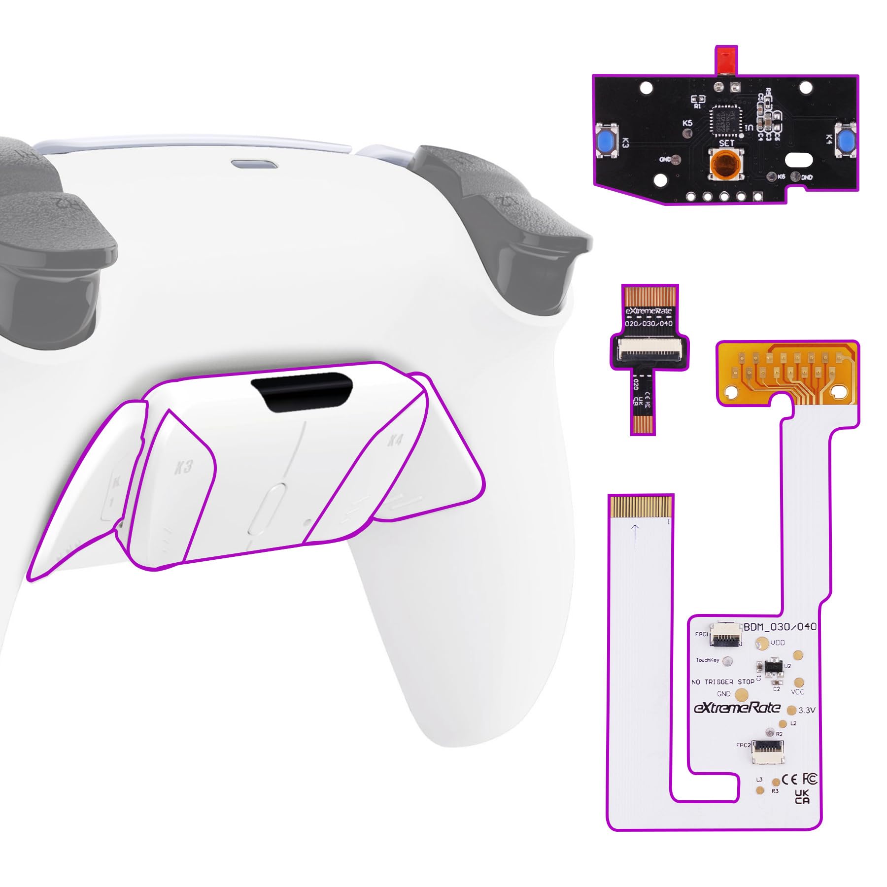 eXtremeRateBack Paddles Programable RISE4 V3 Remap Kit for PS5 Controller BDM-030 040 050, Upgrade Board White Redesigned Bottom Shell 4 Back Buttons Set for PS5 Controller - NO Controller
