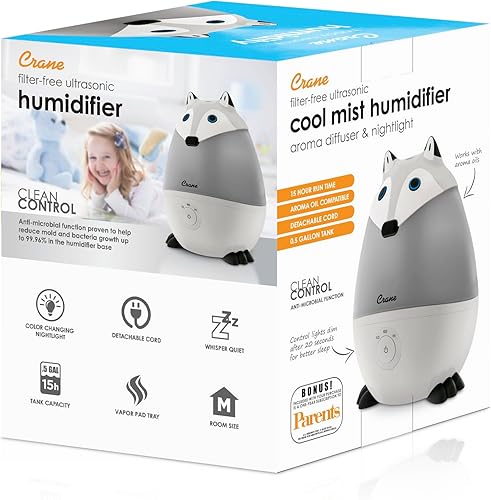 Miniatura 9 de Crane Humidificador ultrasónico de animales de niebla fría para dormitorio y guardería de niños, ajustable de 0.5 galones, apagado automático, zorro