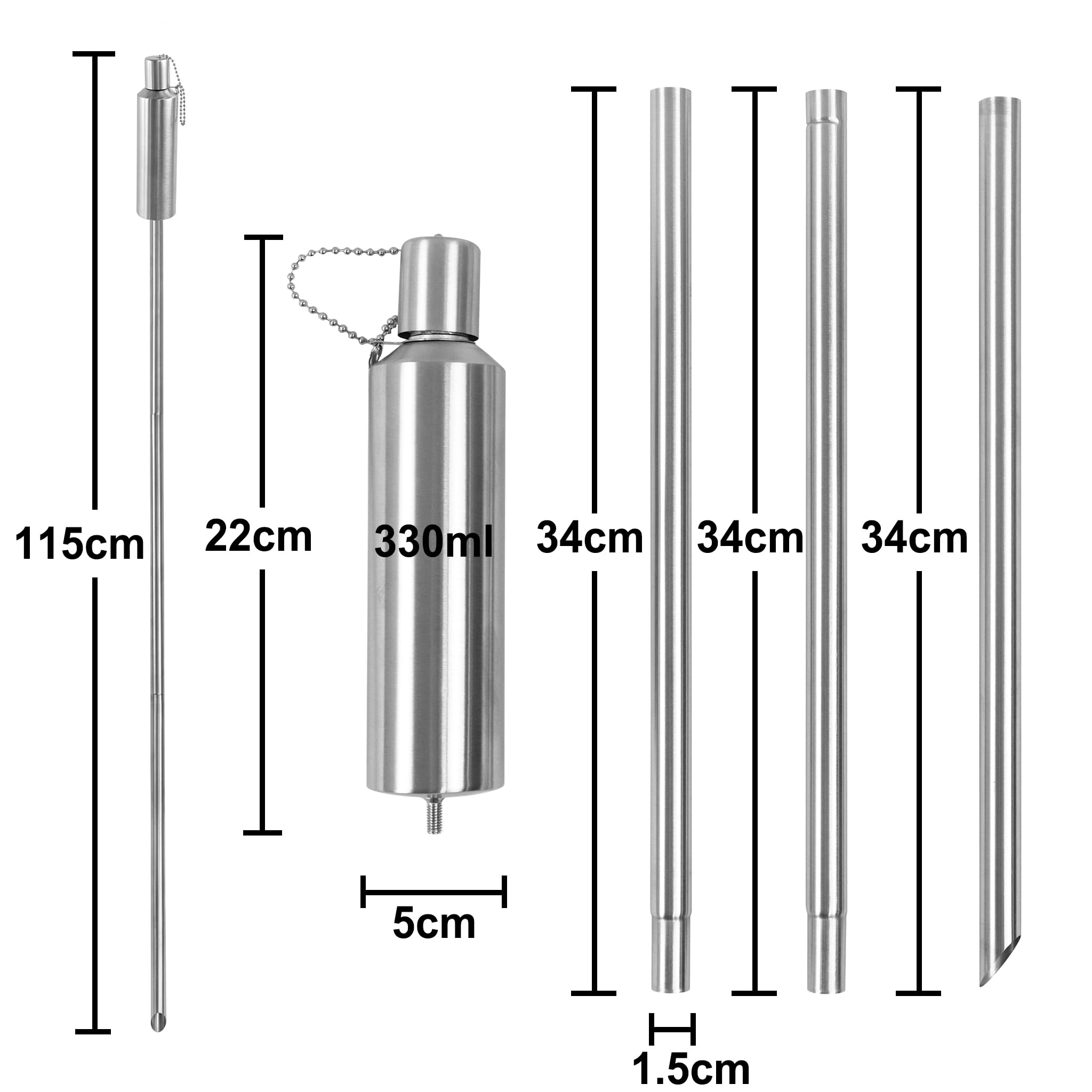 LZQ Juego de 6 antorchas de jardín de acero inoxidable, para exteriores, para exteriores, aceite para antorchas, rellenables, para balcón y terraza al aire libre