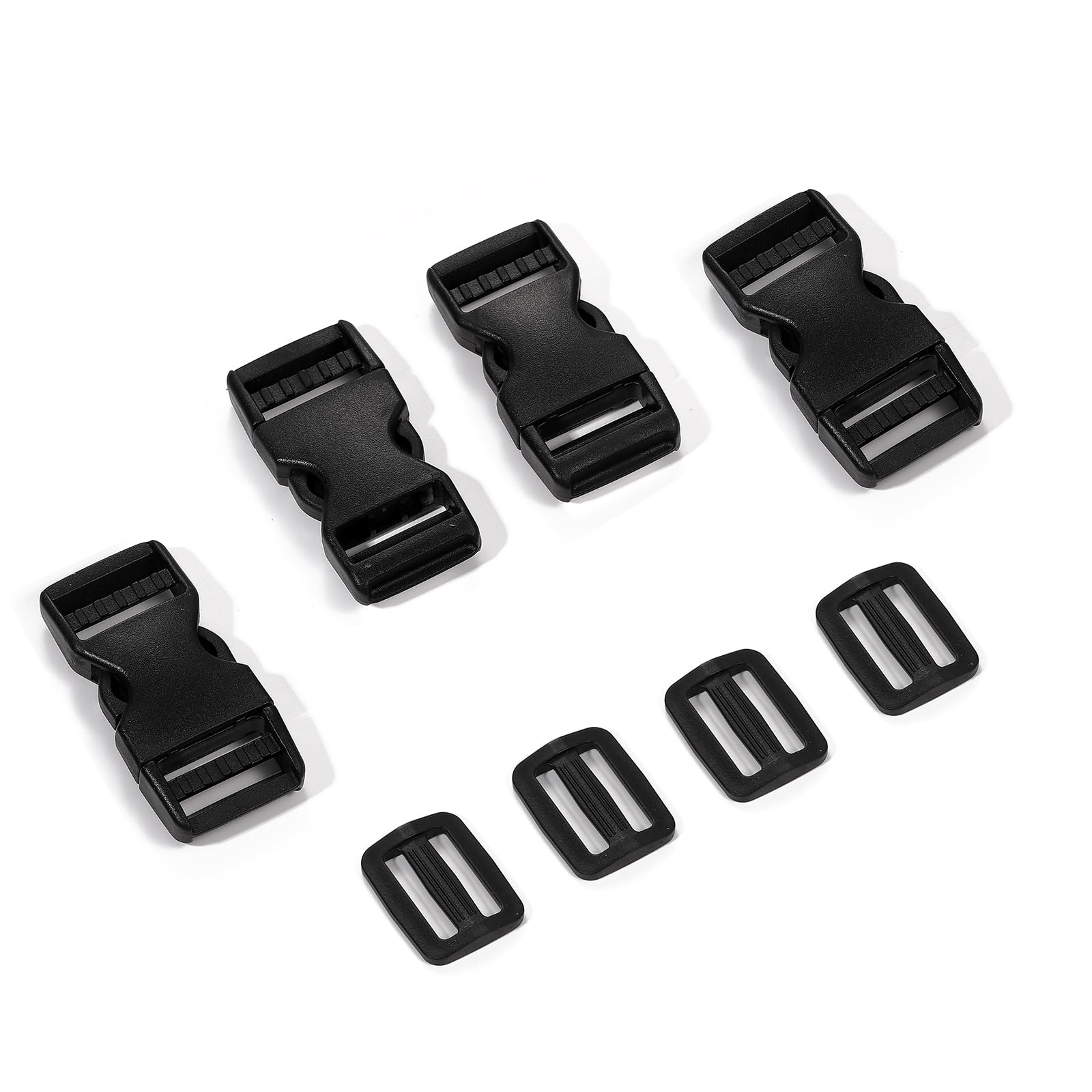 Impnit 4 Pcs 1" Buckles for Straps with 4 pcs Slide Plastic Clips, Dual Adjustable No Sewing Clips Plastic Buckle Replacement for Nylon Webbing Straps