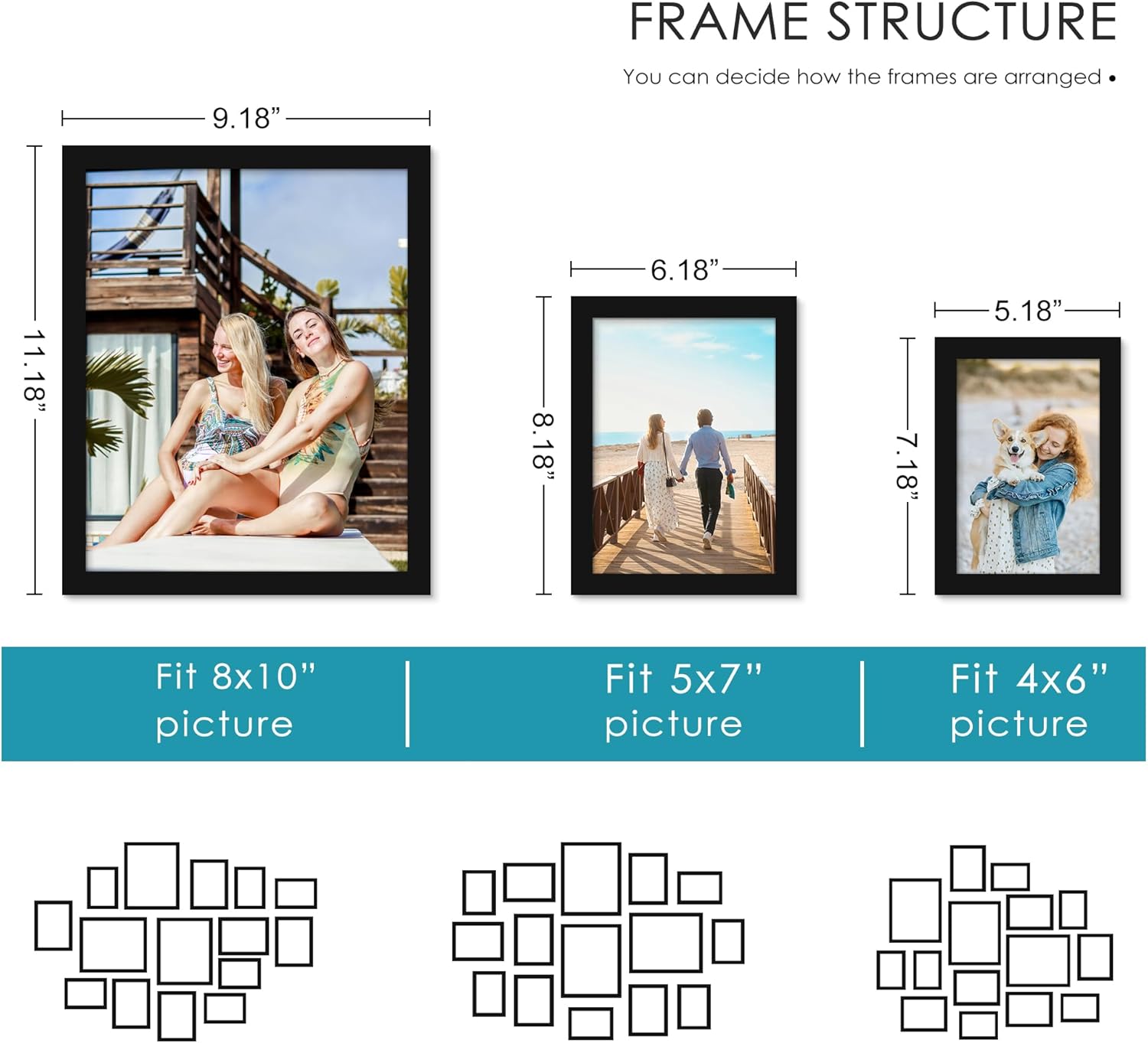 PEALSN 15 Pack Collage Picture Frames, Gallery Wall Frame Set with Three 8x10, Six 5x7, and Six 4x6, Multiple Photo Frames for Wall Gallery Decor, Black