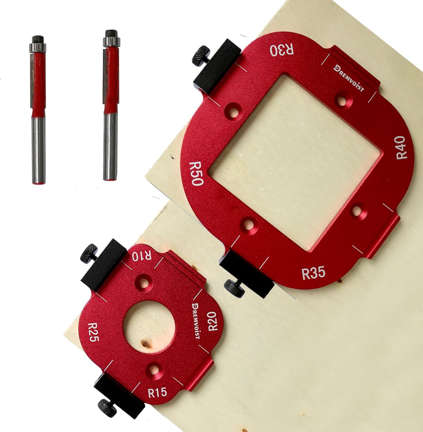 Router Corner Radius Template 2 Pack,with 2 Trim Bit Aluminum Alloy Radius Jig Router Templates,8-in-1 Arc Cutting Guide Set (R10-R50),Use with Router Table,Fits Handheld,Trim,and Table Routers,Blue