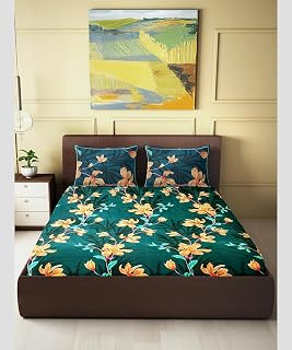 GreenElephant Cotton Blend Floral Print Double Bed Bedsheet with Dark Green Background, 90 x 100 Inches, 210 Thread Count Flat Sheet, Includes 2 Pillow Covers
