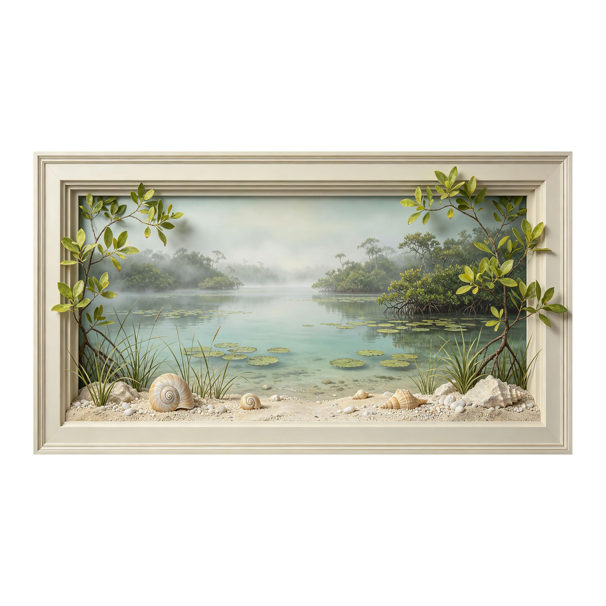 Yzpallescene 3D Framed Wall Art 50cm×100cm Tropical Coastal Lake Seascape Panoramic Window View Large Size SelfAdhesive Removable Wall Decor Prints Artwork for Living Room Bedroom Office