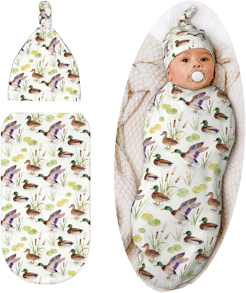 Lcokin Mallard Duck Baby Stuff Swaddle Blanket Hat Set, Newborn Receiving Blanket Shower Gift for Boys Girls