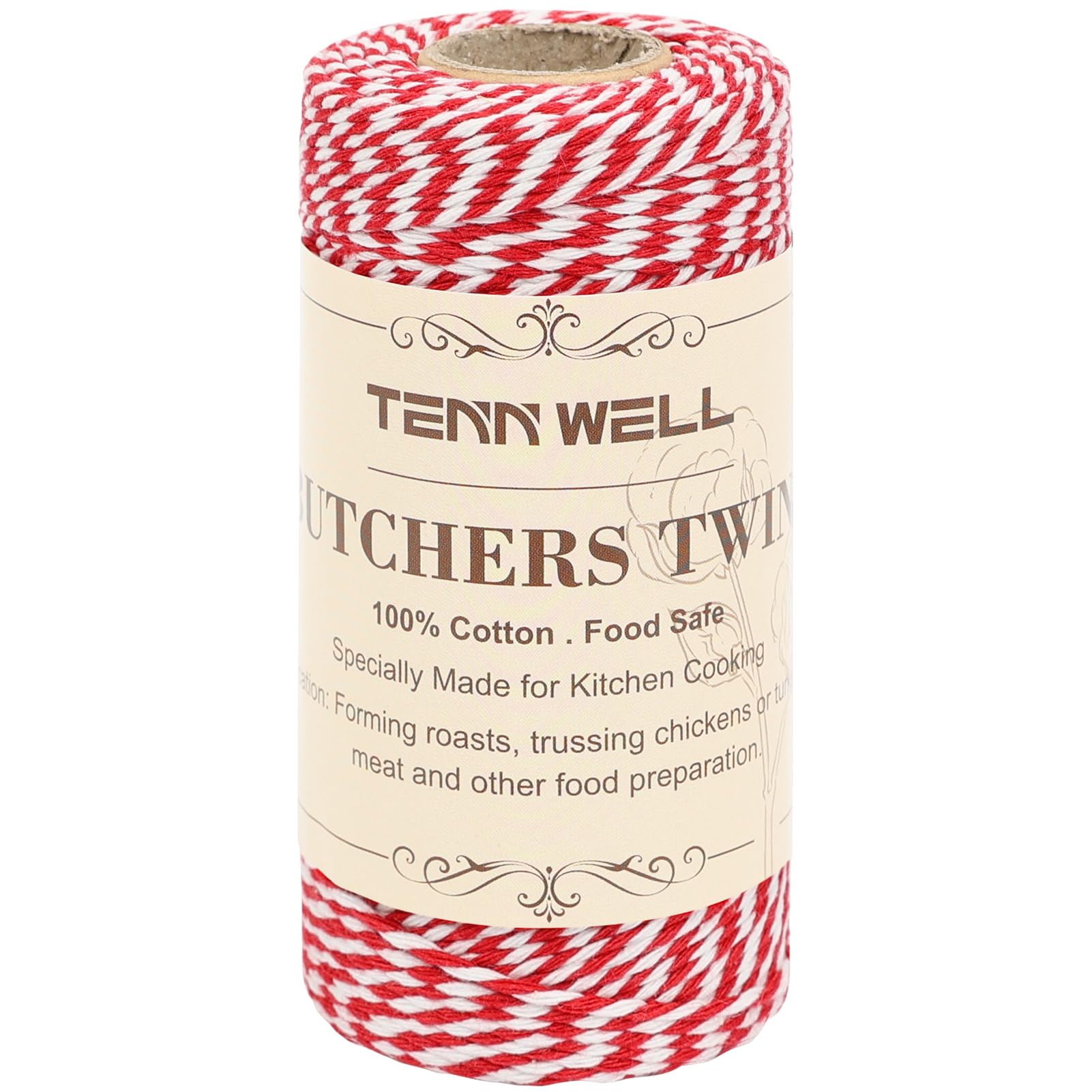 Tenn Well Red White Butchers String, 2mm x 100m Strong Kitchen Butchers Twine Food Safe Christmas String for Meat Trussing Sausage Tying, Chicken Roasting and Gift Wrapping