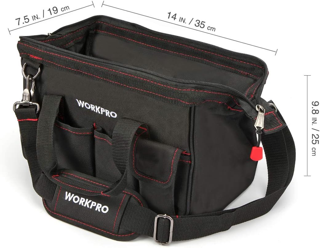 WORKPRO 14-inch Tool Bag, Multi-pocket Tool Organizer with Adjustable Shoulder Strap, W081021A , black - - 