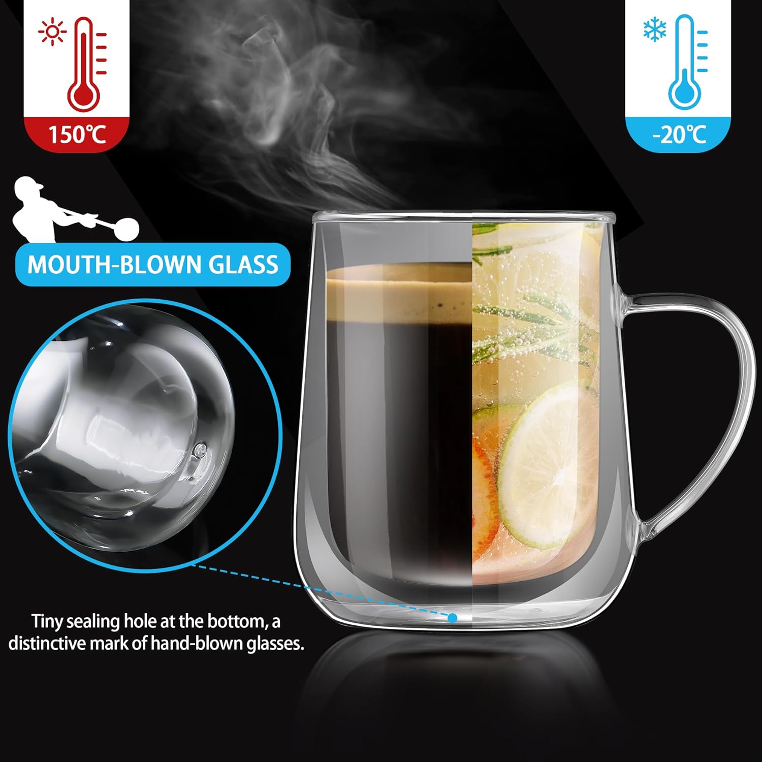 Joeyan Clear Double Walled Glass Coffee Mugs, Double Layer Tea Latte Cappuccino Cups with Handle, Double Lined Insulated High Borosilicate Glassware for Milk and Other Hot Beverages, 13.5 oz, Set of 2 - Image 5