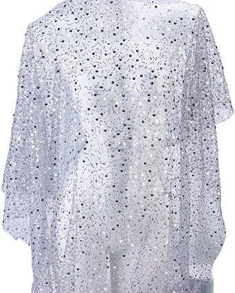 MAYJOYDIY 1 Yard Light Grey Glitter Tulle Fabric with Sequin and Beads 51.2 Inch Wide Sequins Pearl Soft Tulle Mesh Lace Fabric for Wedding Veils Evening Trailing Dress Curtain Table Cloth