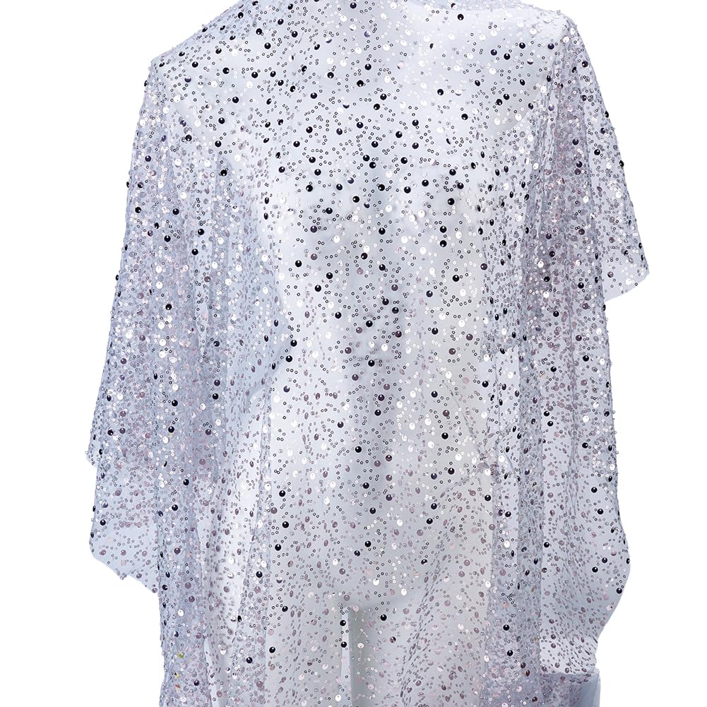 MAYJOYDIY 1 Yard Light Grey Glitter Tulle Fabric with Sequin and Beads 51.2 Inch Wide Sequins Pearl Soft Tulle Mesh Lace Fabric for Wedding Veils Evening Trailing Dress Curtain Table Cloth