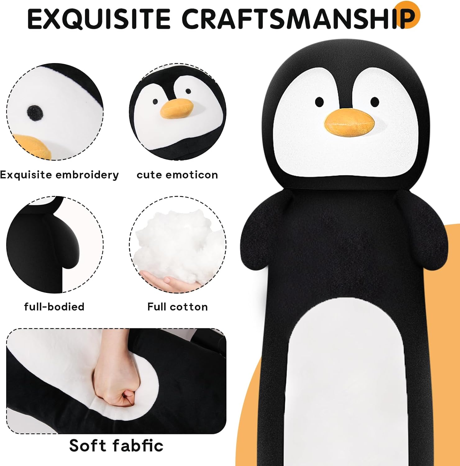 36” Long Penguins Plush Body Pillow, Cute Giant Black Penguin Stuffed Animals, Big Penguins Squishy Soft Plushies Toy, Gifts for Kids Girls and Boys, Birthdays, Halloween, Christmas - Image 2
