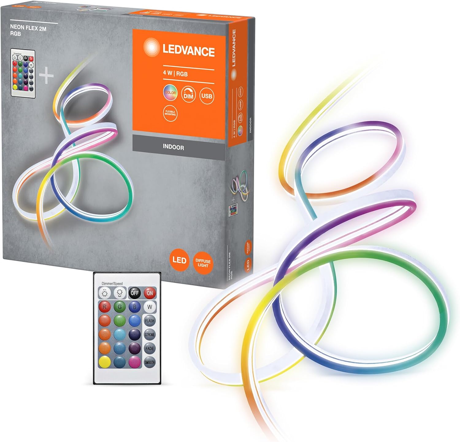 LEDVANCE NEON FLEX 2M LED-Streifen, weiß, 4,7W, 45lm, RGB-Farbsteuerung, homogene Lichtverteilung, USB-Anschluss, lange Lebensdauer, einfache Montage, für Innenanwendung, Schutzklasse IP20