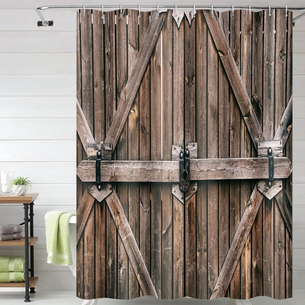 Rustic Barn Door Shower Curtain Retro Western Country Old Garage Board Bath Curtains Waterproof Polyester Fabric Bathroom Decor Sets 72x84 Inches with Plastic Hooks