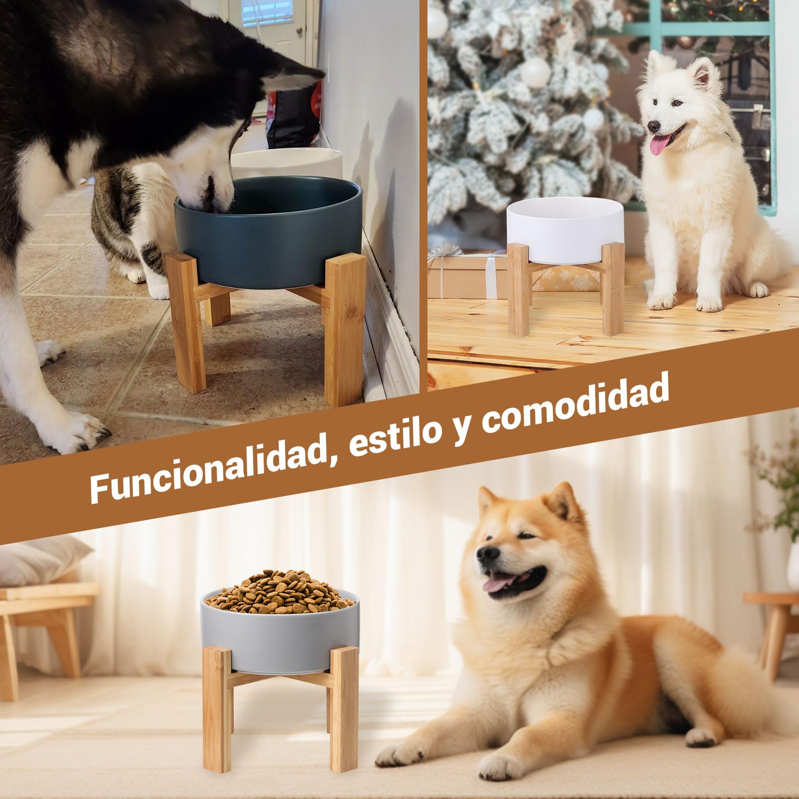 Comedero y Bebedero Perro Elevado - Comedero Perro Grande con Soporte de Bambú - Cuenco Ceramica Perro para Comida y Agua - Comederos Perros Grandes - Plato para Perro Alto - Bol Perro - 1800 ml