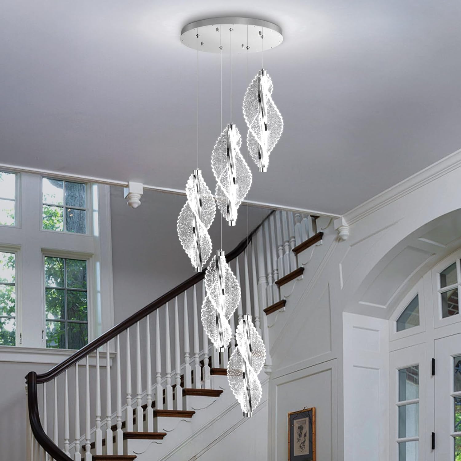 5-Light Silver Modern Chandelier Dimmable Light Fixture High Ceiling Chandelier for Foyer Acrylic Chandeliers Adjustable for Staircase Living Room Enterway Corridor LED Included