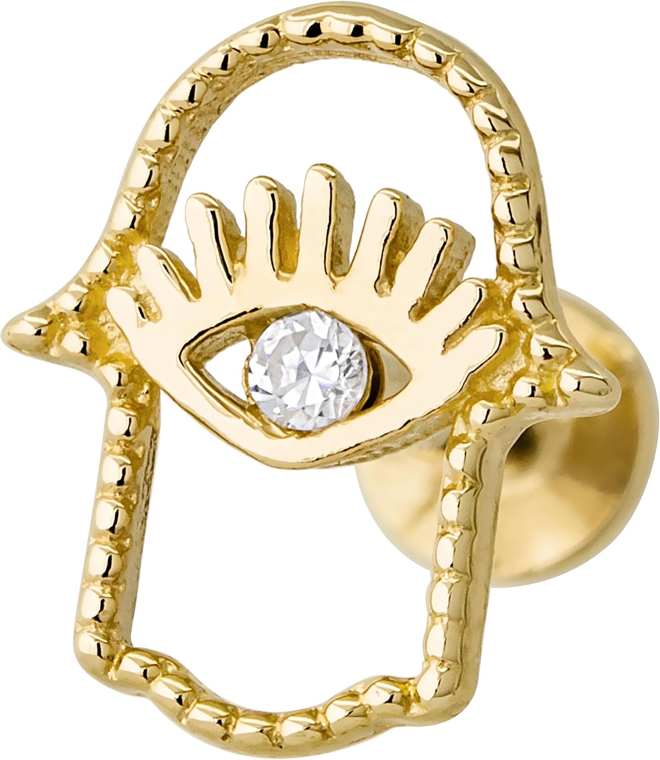 Solid 16G 14K Gold Hallow Hamsa Hand Helix, Tragus, Labret Stud, Lip Ring, Monroe, Medusa, Protection, Cartilage Piercing, Internally Threaded 8mm Post Flat Back 14KLBRT078HSA-CZ-8YG