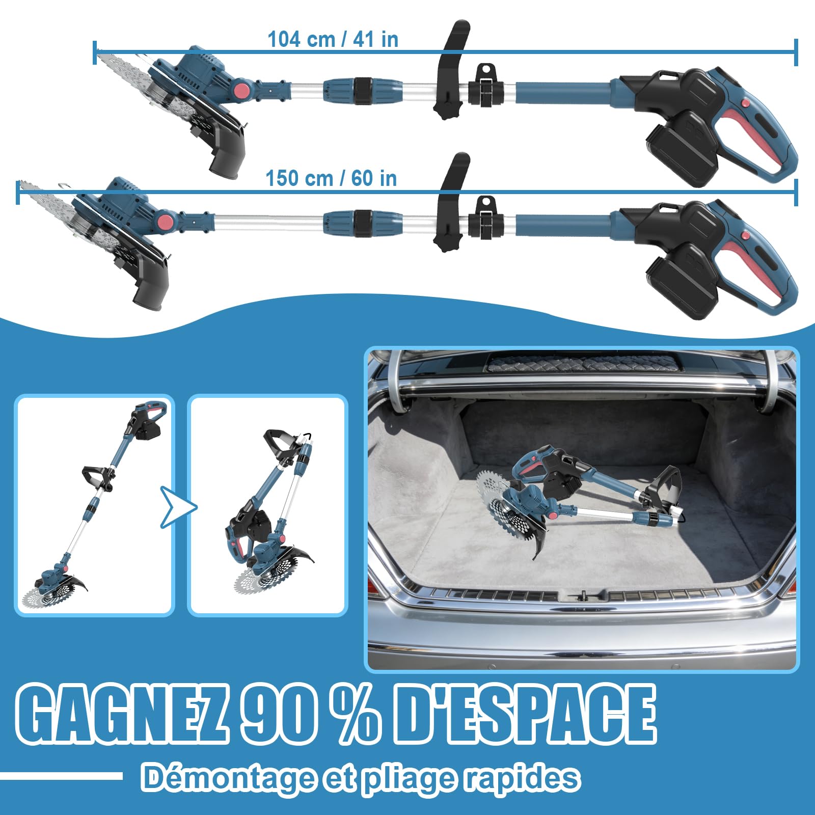 Coupe Bordure sans Fil avec Batterie,Coupe-Herbe 5 en 1 à Batterie-Moteur sans balais 750 W, Débroussailleuse avec 2×4,0 Ah 21 V, Pliable - Convient pour Le Jardin, la pelouse et Le désherbage - Bleu