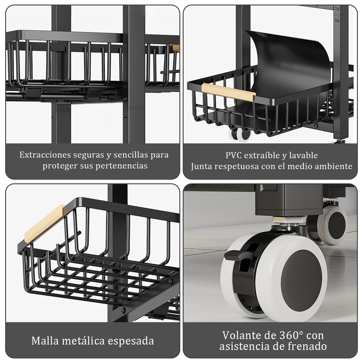 Carrito Auxiliar con Ruedas 5 Niveles – Carro de Cocina o Baño con Cestas Extraíbles, Estantería Metálica Negra, 40x30x107,5 cm, Organizador Multiusos