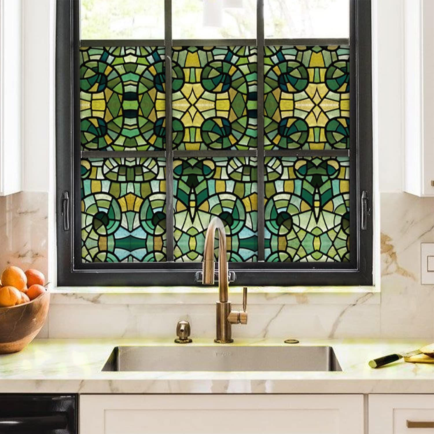 Double Sided Transparent Static Window Film, Original Hand-Drawn Mural Film with Colorful Shadow for Home Decor, Summer Green Mosica 39.37" x11.81"