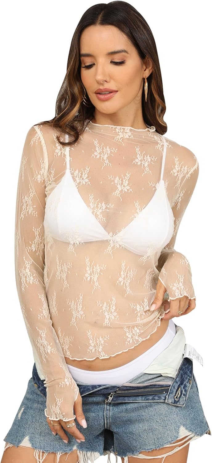 Ugerlov Women's Long Sleeve Mesh Top Mock Neck Sheer Blouse See Through Floral Lace Tops - Image 4