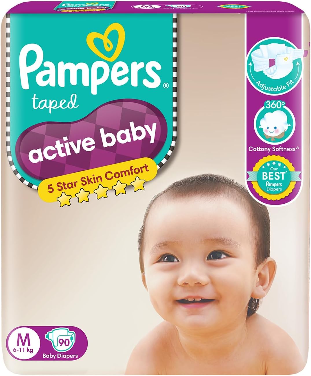 Pampers Active Baby Taped Diapers, Medium size diapers, (MD) 90 count, taped style custom fit