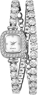 JewelryWe Damenuhr Quadratische Uhren mit Tennisarmband, Glitzer Strass Analog Quarz Armbanduhr Damen Kleine Rechteckige Uhr mit Mehrreihig Tennis Armband - Verwandelbar als Choker Halskette