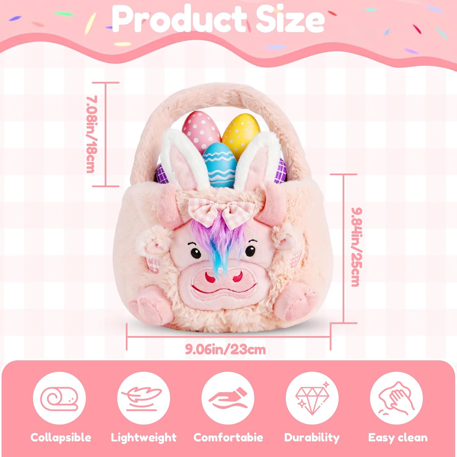 Plush Easter Baskets for Kids Adults, Soft Highland Cow Bunny Basket with Embroidered Face & Long Floppy Ears, Empty Easter Basket with Handle for Egg Hunting, Party Gifts (Pink)