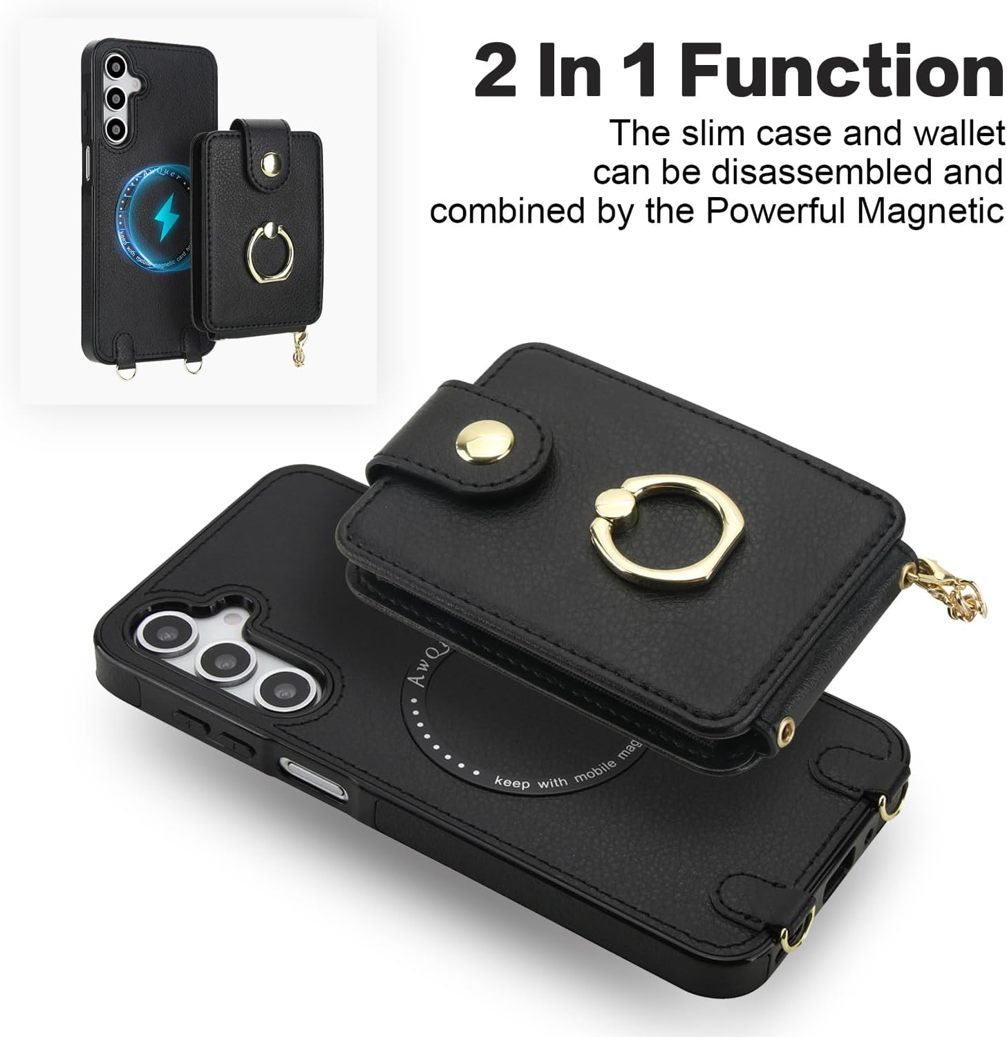 Phone Case for Samsung Galaxy A16 5G/4G Magnetic Wallet Cover and Screen Protector Ring Kickstand Crossbody Lanyard Strap Compatible with MagSafe RFID Blocking A 16 16A SM-A166U for Women Black