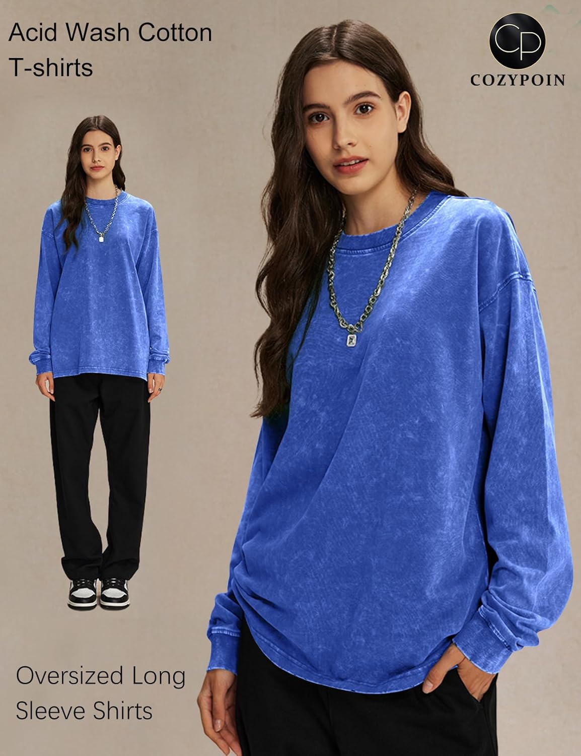 COZYPOIN Men's Acid Wash Tshirts Shirts Oversized Vintage Long Sleeve Pullover Crewneck Sweatshirt - Image 3