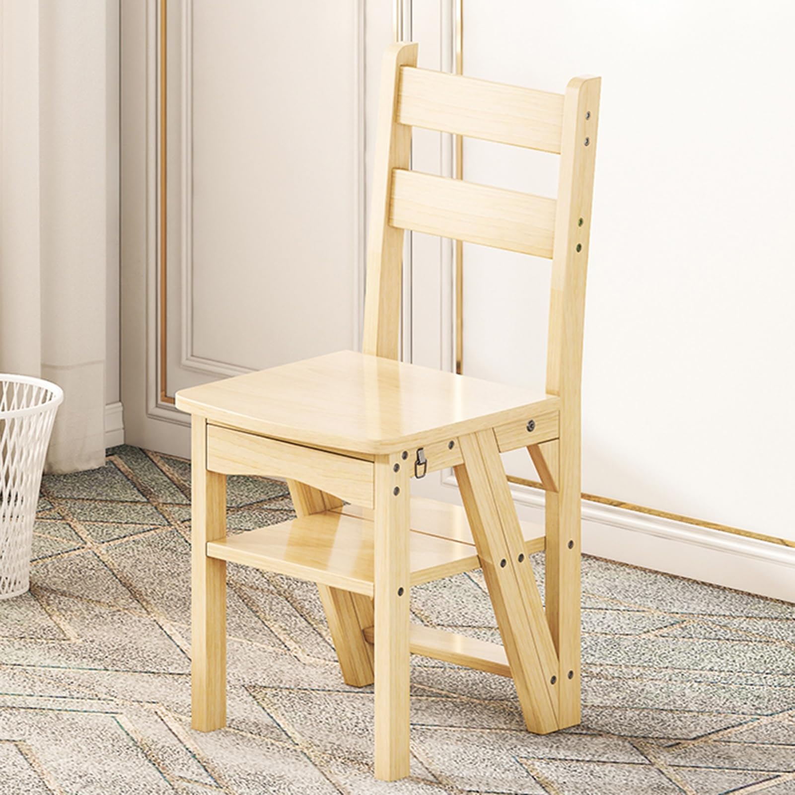 GWBoiuyQETM Wooden Folding Library Ladder Chair, 4 Step Solid Wood Folding Ladder Chair, Protable Wooden Step Stool, For Adults Office Home Kitchen Outdoor (Color : Light walnut)