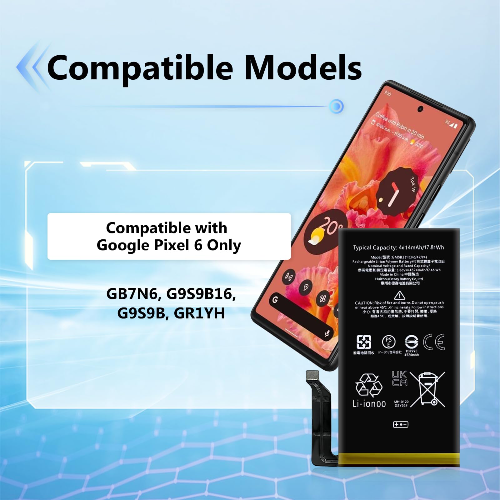 TQTHL 4614mAh Pixel 6 Battery Replacement Kits (New Upgraded) Compatible with Google Pixel 6 All Models with Adhesive and Repair Tool Kits (Pixel 6 Battery)