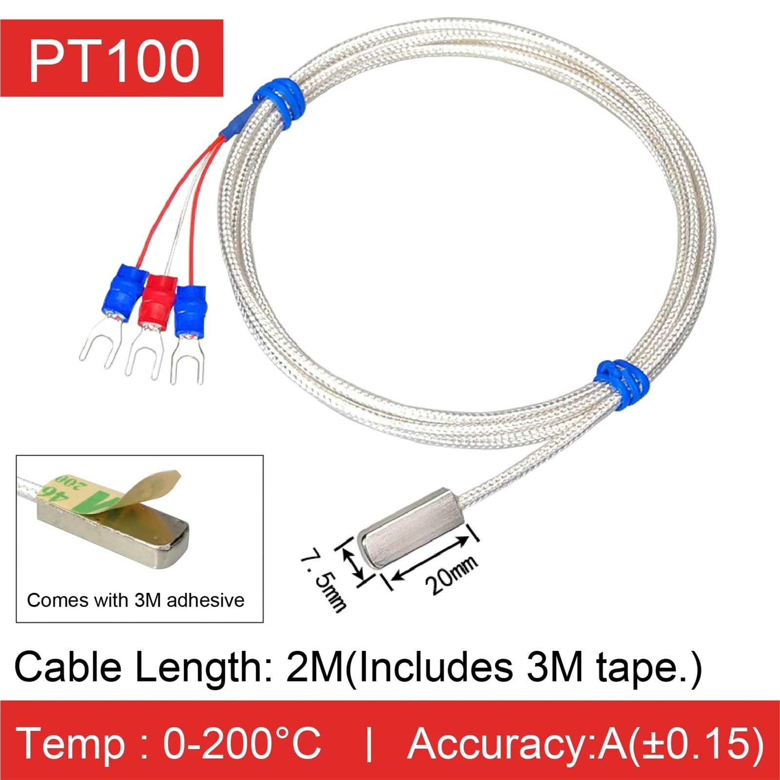 Sensor de Temperatura de Superficie PT100, sonda de Temperatura Adhesiva, Sensor Adhesivo de Alta Temperatura con Cinta 3M(A-2m)