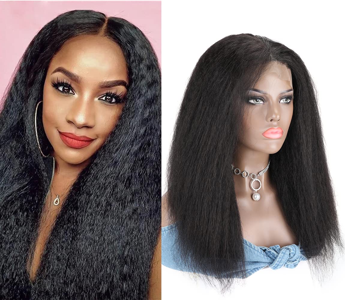 Kinky Straight Human Hair 13x4 Lace Front Wig Lace Closure Central Part Wig Italian Yaki Afro Kinky Curly Lace Frontal Wig Lace Bob Glueless Kinky Curve Wig For Black Women Unprocessed Brazilian Virgin Hair Wigs Pre Plucked With Baby Hair Natural Black Color (16 Inch)