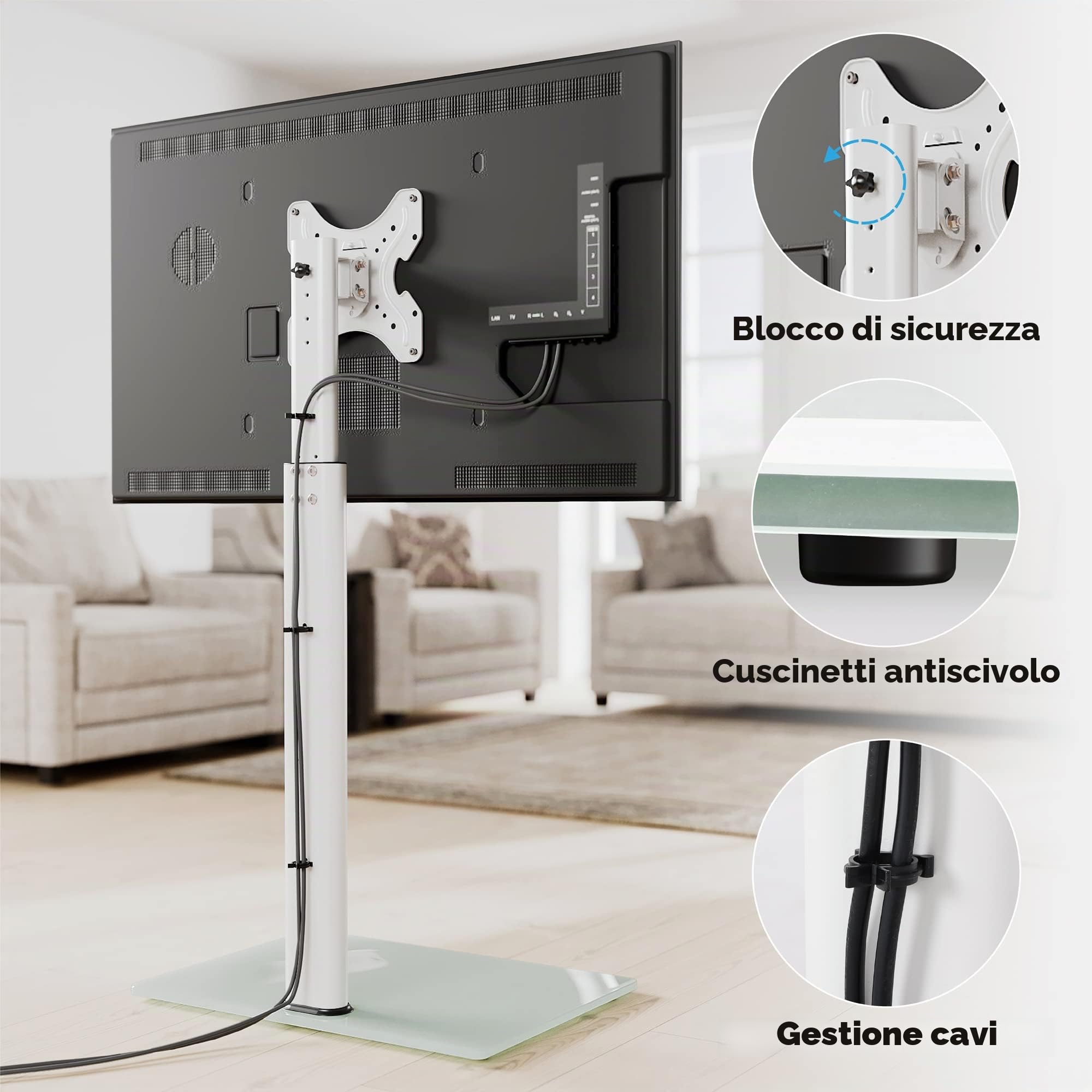 FITUEYES Supporto TV da Pavimento per 19-42 43 Pollici, 30° Inclinabile / 70° Girevole / 16 Altezze Regolabili Porta TV da Terra, Max VESA 200x200 mm Portata 35kg Bianco
