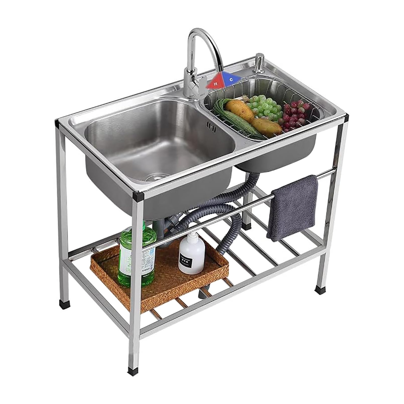 LMYSXAOZ Stainless Steel Kitchen Sink with Hot and Cold Faucet, Free Standing Commercial Restaurant Sink, Outdoor Double Bowl, for Garden, Garage, Catering, Laundry Room