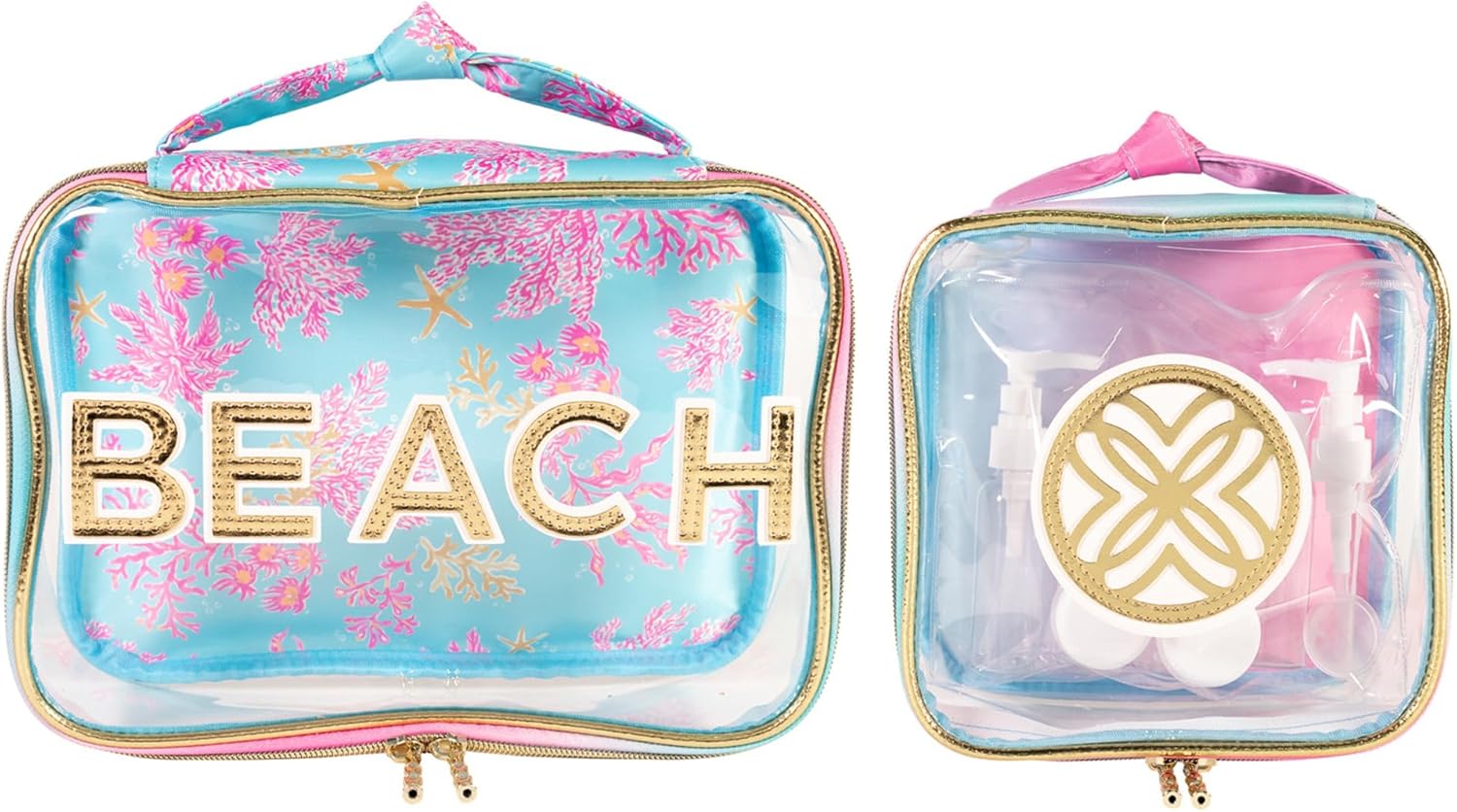 Lilly Pulitzer Beach Accessories Pouch Set of 2 with Clear Travel Bag with Toiletry Accessories (Royal Coral)
