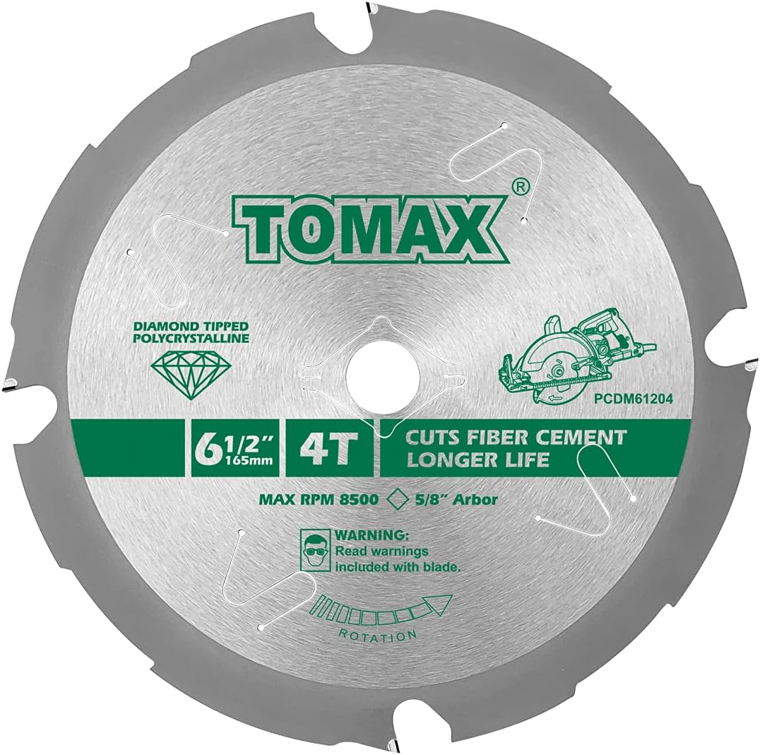 TOMAX PCDM61204 6-1/2 Inch 4 Tooth Polycrystalline Diamond Tipped (PCD) Hardie Fiber Cement Saw Blade with 5/8-Inch DMK Arbor - - 