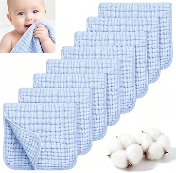 8-Pack Burp Cloths for Newborn, Burp Cloths, Muslin Burp Cloths, Pure Cotton Muslin Squares, 6-Layer Gauze Washcloths for Daily Face Washing and Bath, Blue, 30x30cm