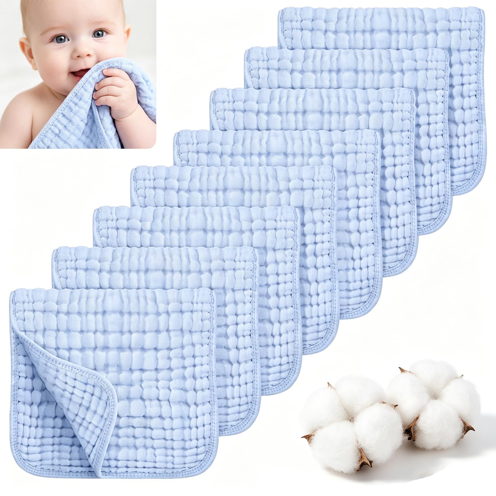 8Pcs Muslin Cloths for Baby, 6 Layer Cotton Muslin Squares 30*30 cm, Soft Reusable Washcloths, Burp Cloths for Newborn, Washcloths for Newborns, Blue-image-29