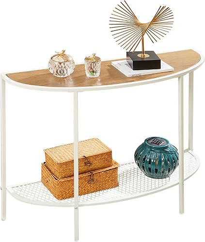 Miniatura 12 de SAYGOER Mesa de consola negra media luna de dos niveles, mesa estrecha para entrada con almacenamiento, mesa moderna para sofá, mesas pequeñas