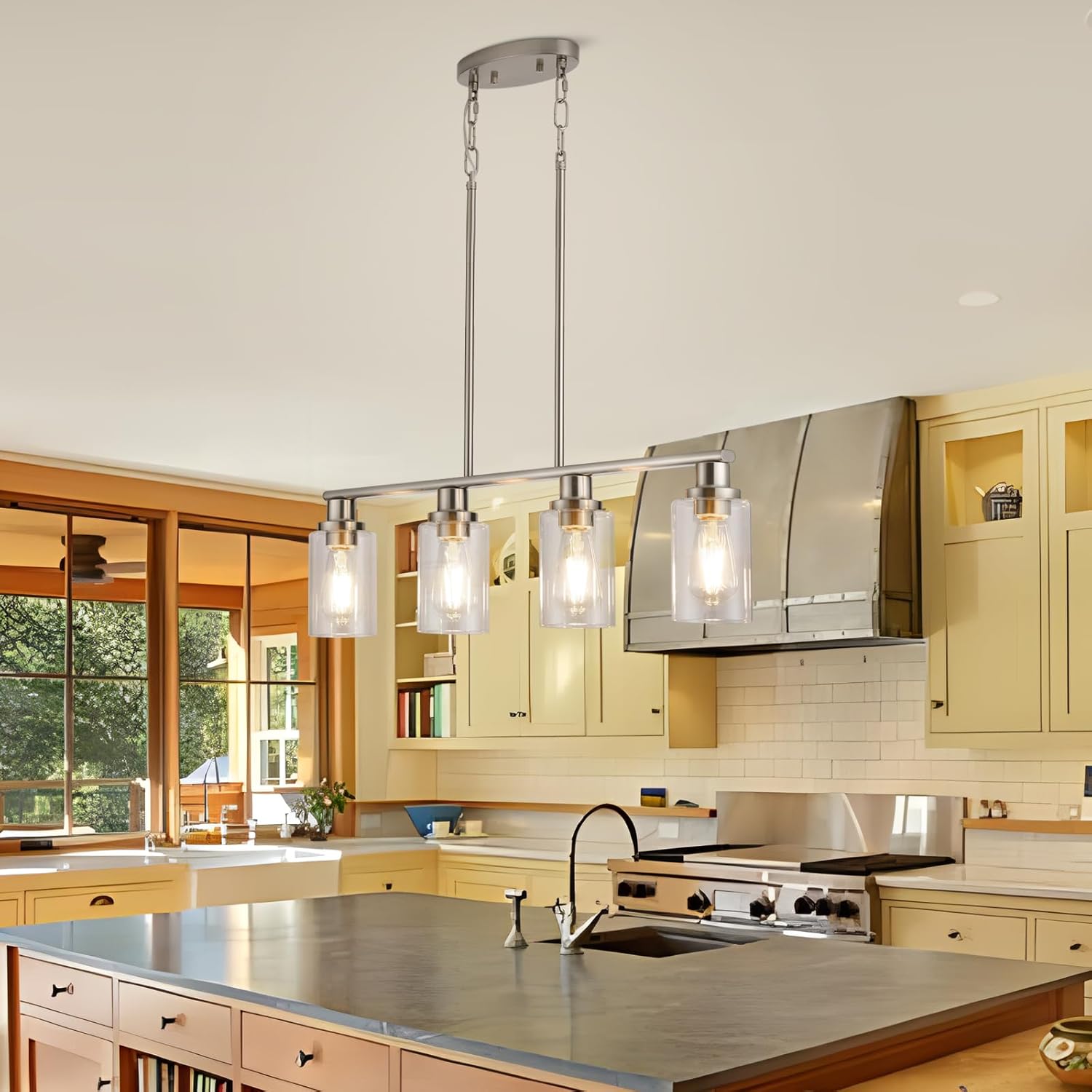 Kitchen Island Lighting, 4-Light Farmhouse Dining Room Light Fixtures Over Table, Linear Chandelier Pendant Lighting for Kitchen Island for Brushed Nickel Finish with Clear Glass Shade
