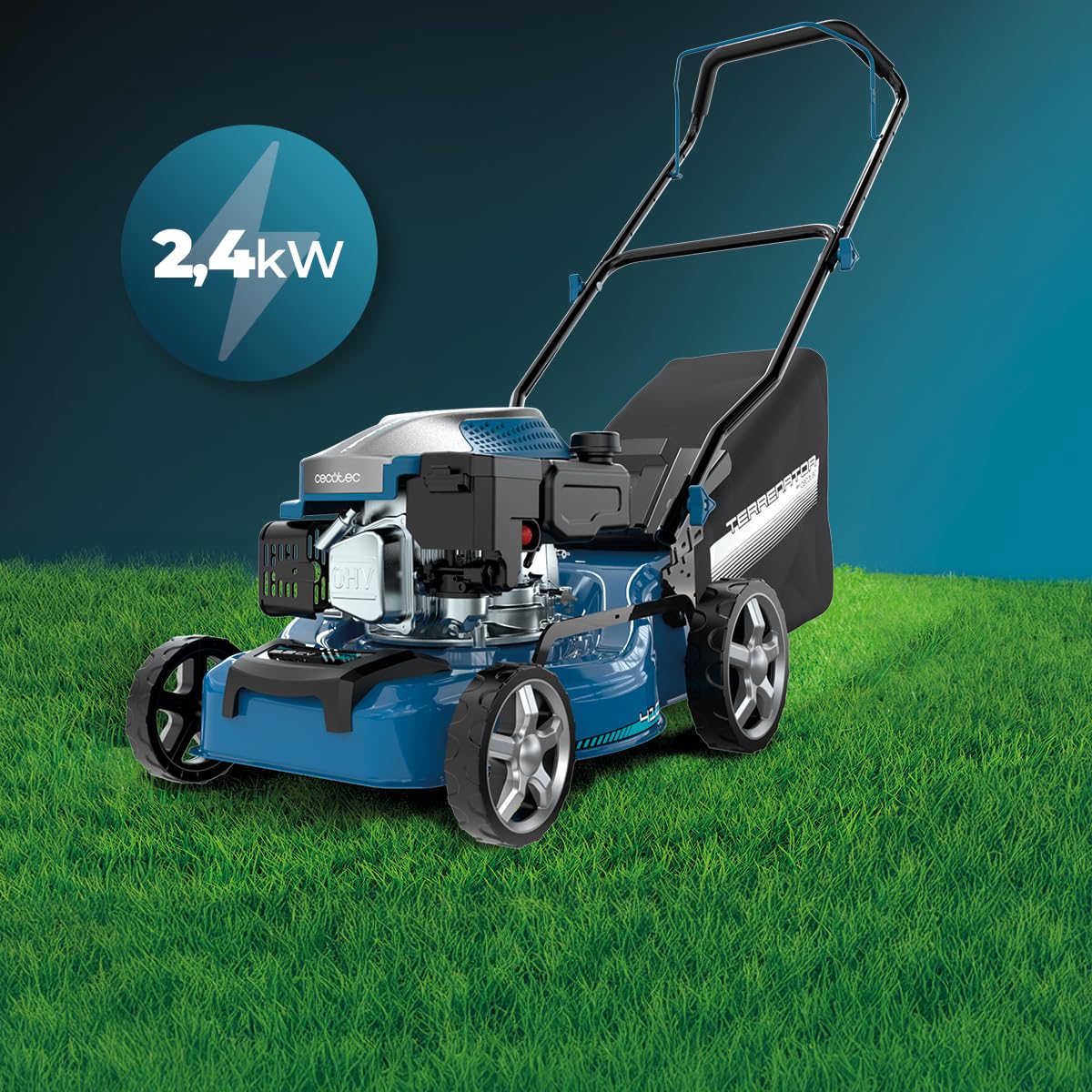 Cecotec Kosiarka benzynowa 144cc Terrenator 2700.41 Plus Total Z | Szerokość cięcia 41 cm, stalowy korpus, zmiana wysokości systemu Z-Tech, 3w1 z mulczowaniem, tylne koła XL