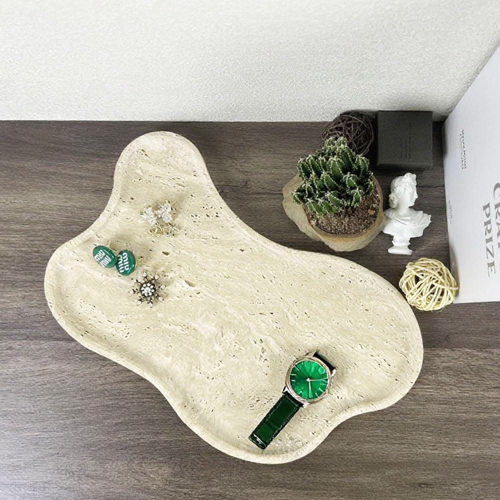 Natural Travertine Vanity Tray, Cloud Shape Decorative Organizer, 13.7x9 inches, Beige Stone Tray for Bathroom Counter, Kitchen, Dresser