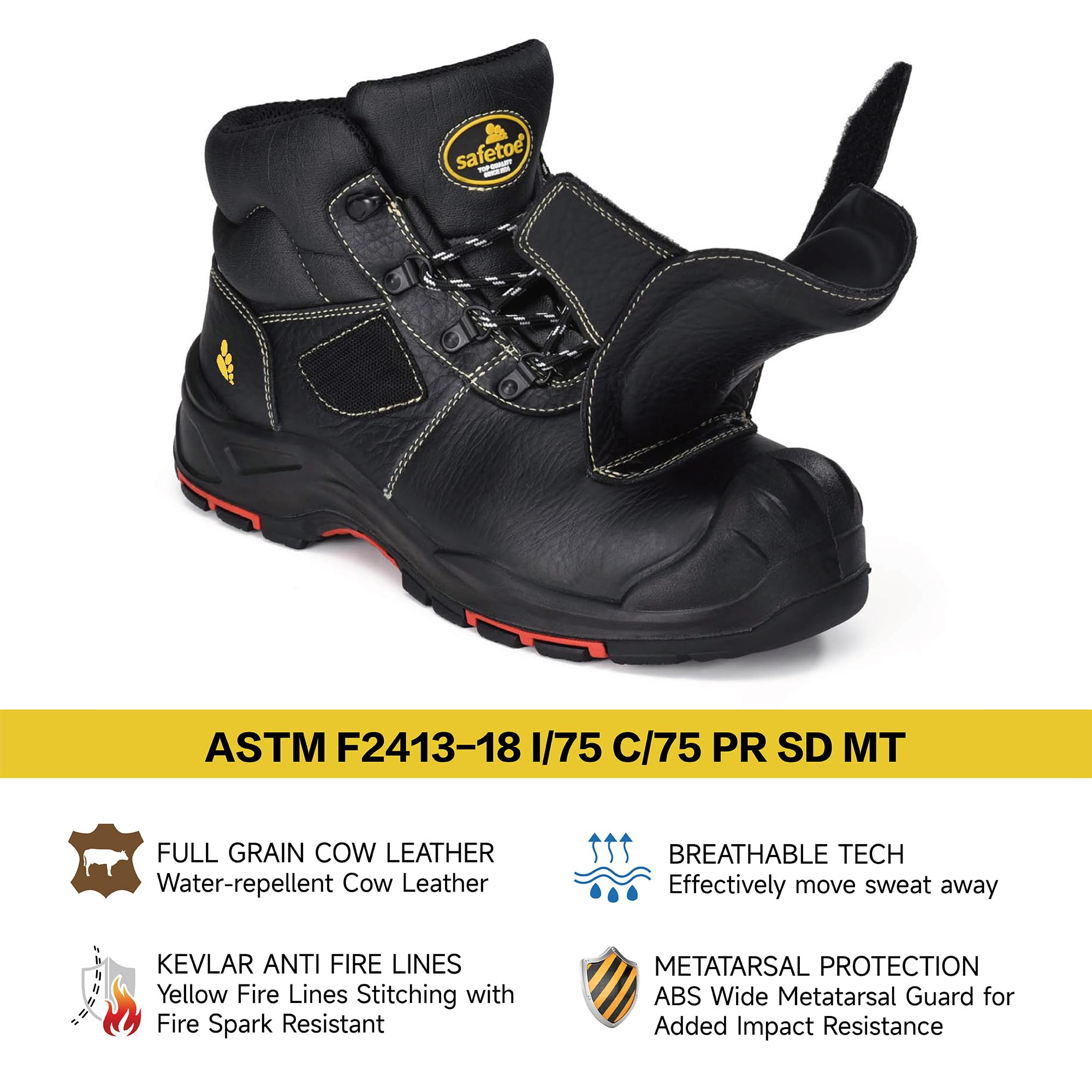 SAFETOE Botas de soldadura para hombre, botas de seguridad de punta compuesta con protección metatarsiana, resistentes al fuego, botas de soldadura resistentes al calor de 300 ℃, botas de trabajo de