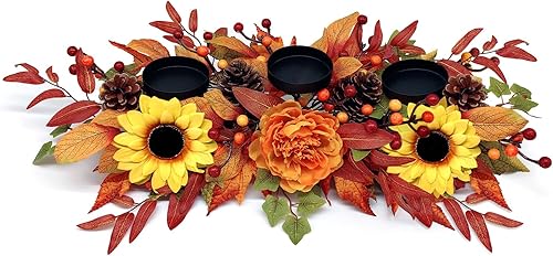 Miniatura 6 de Decoración de mesa de centro de mesa de Navidad, incluye 3 portavelas de cristal con flor de pascua artificial, bayas rojas y piñas nevadas para