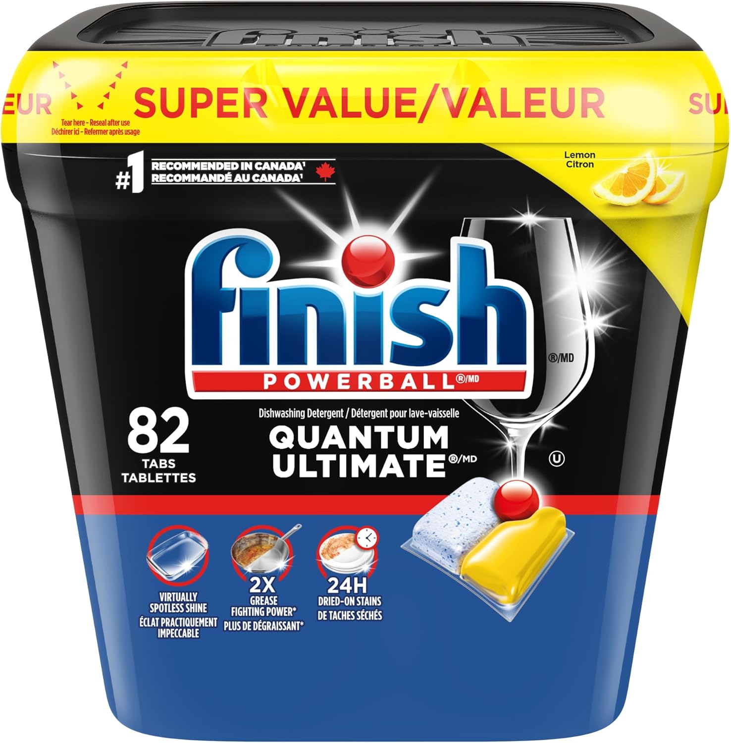 Finish Quantum Ultimate Dishwasher Detergent Pods, 3-Chamber with Powerball, 2X Grease Fighting*, 24H Dried-On Stains, Deep Clean, Virtually Spotless Shine, No Pre-Rinse, Lemon, 82 Tabs