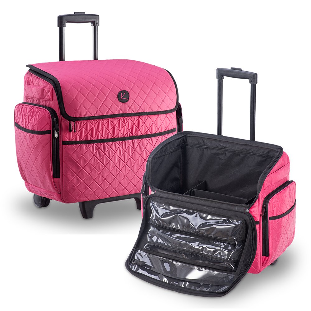 KIOTA Makeup Artist Case on Wheels, Soft Cosmetic Case with Trolley and Removable Storage Pockets for Beauty Products, Side Compartments with Zippers, Bubblegum