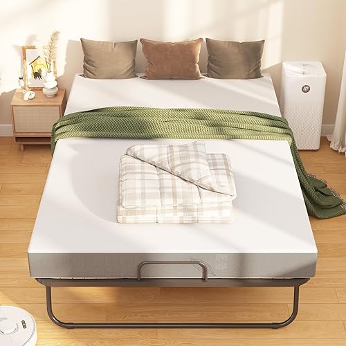 Folding Bed with Mattress for Adults, 75" x 46" Rollaway Bed on Wheels, Foldable Metal Frame & Storage Pocket, Space-Saving Portable Cot for Home, Office, Apartment