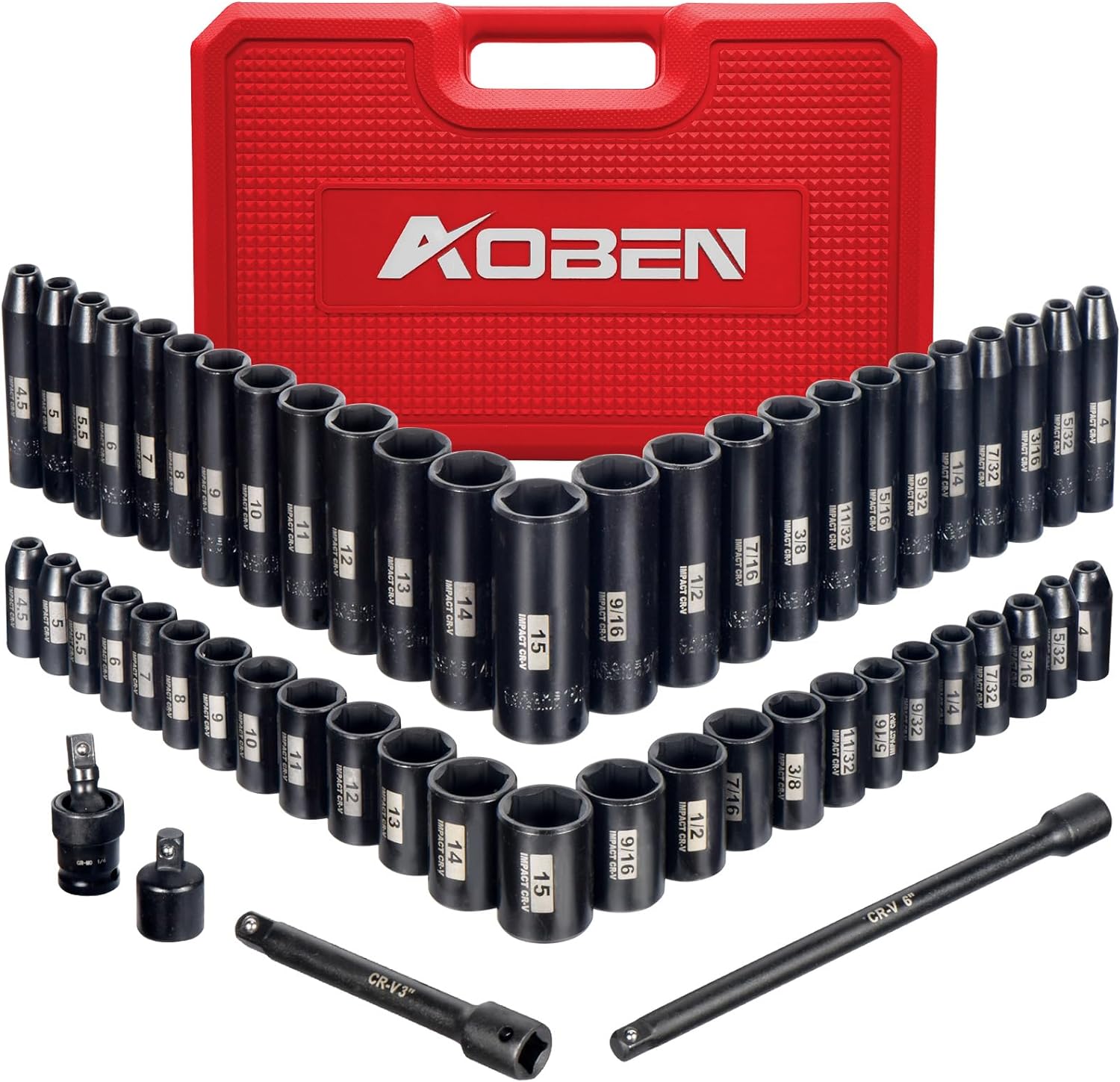 AOBEN 1/2-Inch Drive Impact Socket Set, 29 Pieces, 6 Point, SAE/Metric, (3/8" - 1", 10mm - 24mm), Deep, Cr-V Steel, Includes 3", 5", 10" Extension bars